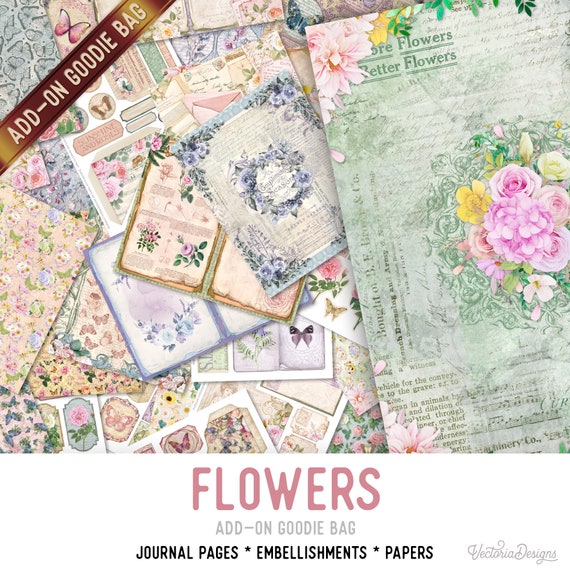 Flowers Goodie Bag, Junk Journal Pages, Papers, Junk Journal Printables, Junk Journal Supplies, Printable Junk Journal Kit - 003254