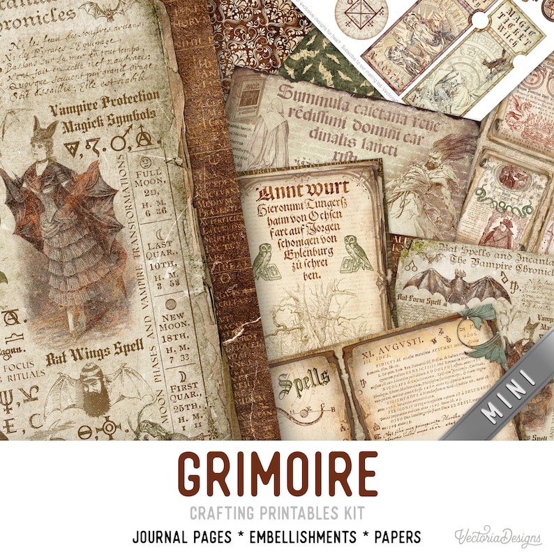 Grimoire Crafting Printables Kit MINI, Dark Halloween Junk Journal Kit Witch Ephemera Printable Paper Pack Embellishment Craft Kit 003128 image 1