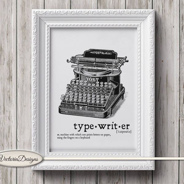 Typewriter Dictionary Print, Black And White Typewriter, Monochrome Wall Art Printable, Minimalist Sketch, Illustration Printable 001734