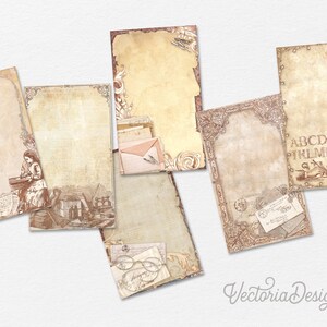 May include: Set of six vintage-style printable journal pages with decorative borders and illustrations. The pages feature a variety of designs, including a woman writing, a collection of vintage items, and a set of alphabet letters.
