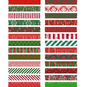 May include: A collection of decorative washi tape strips in red and green, featuring various patterns like stripes, chevrons, and snowflakes. Some strips have the text "ECTORI" and "DESIGN". The design is festive, perfect for holiday crafts.