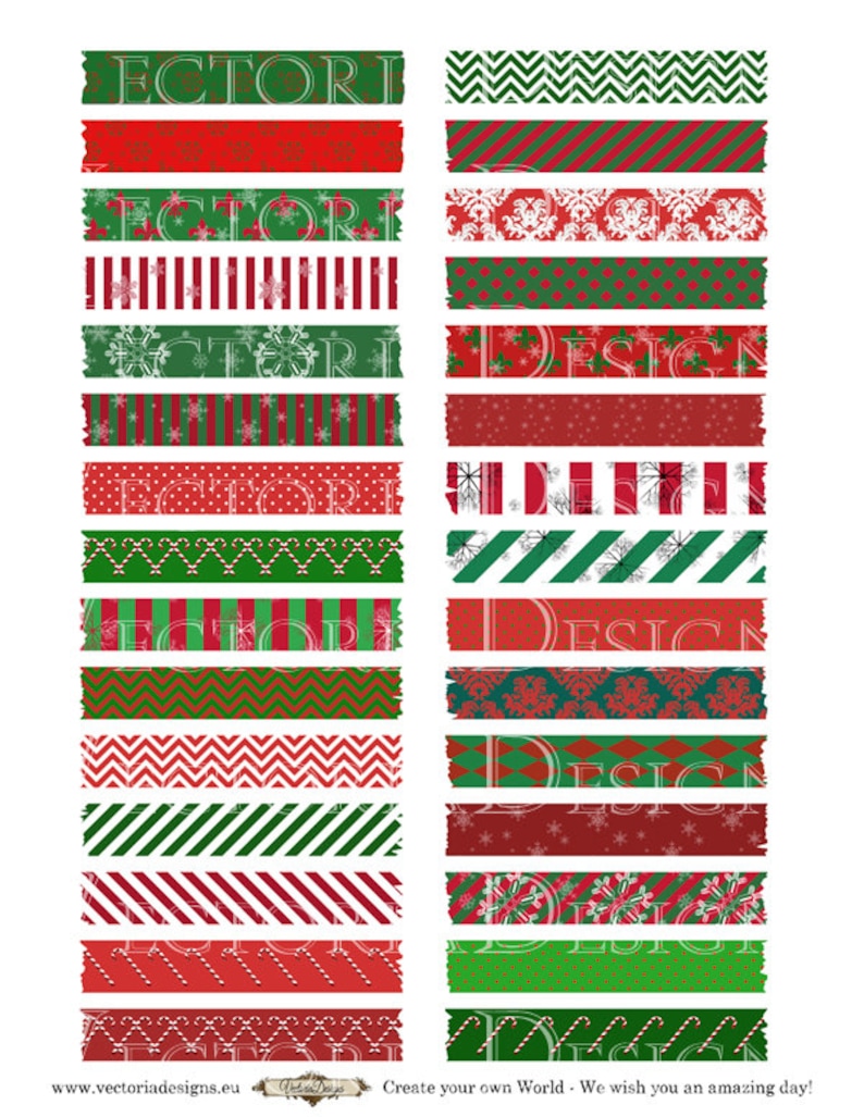 May include: A collection of decorative washi tape strips in red and green, featuring various patterns like stripes, chevrons, and snowflakes. Some strips have the text "ECTORI" and "DESIGN". The design is festive, perfect for holiday crafts.