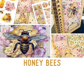 Honey Bees Junk Journal Kit, Honey Bees Crafting Printables Kit Honey Embellishments Printable Paper Bees Craft Kit Craft Tutorial - 003112