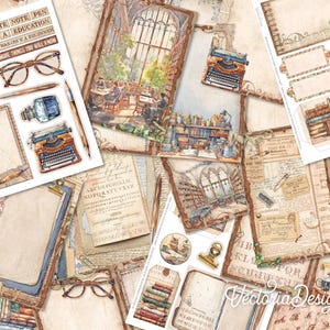 Pode incluir: Um pacote de papel digital com uma est&eacute;tica vintage que apresenta imagens de livros, uma m&aacute;quina de escrever, uma pena e um interior de biblioteca. O pacote inclui v&aacute;rios quadros, bordas e elementos decorativos.