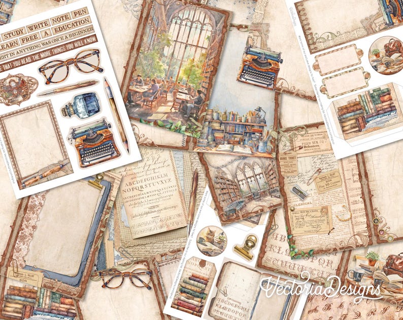 Pode incluir: Um pacote de papel digital com uma est&eacute;tica vintage que apresenta imagens de livros, uma m&aacute;quina de escrever, uma pena e um interior de biblioteca. O pacote inclui v&aacute;rios quadros, bordas e elementos decorativos.