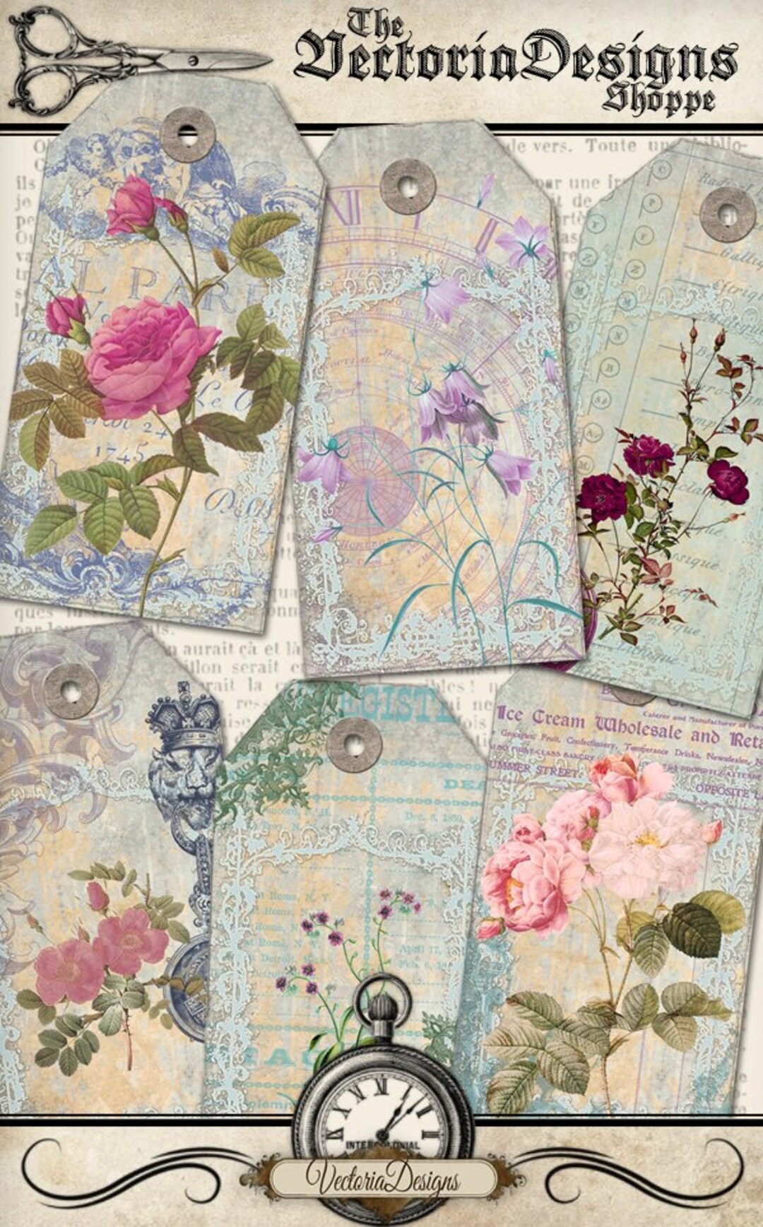 Flowers Ephemera Tags Printable Gift Tags Digital Instant Download ...