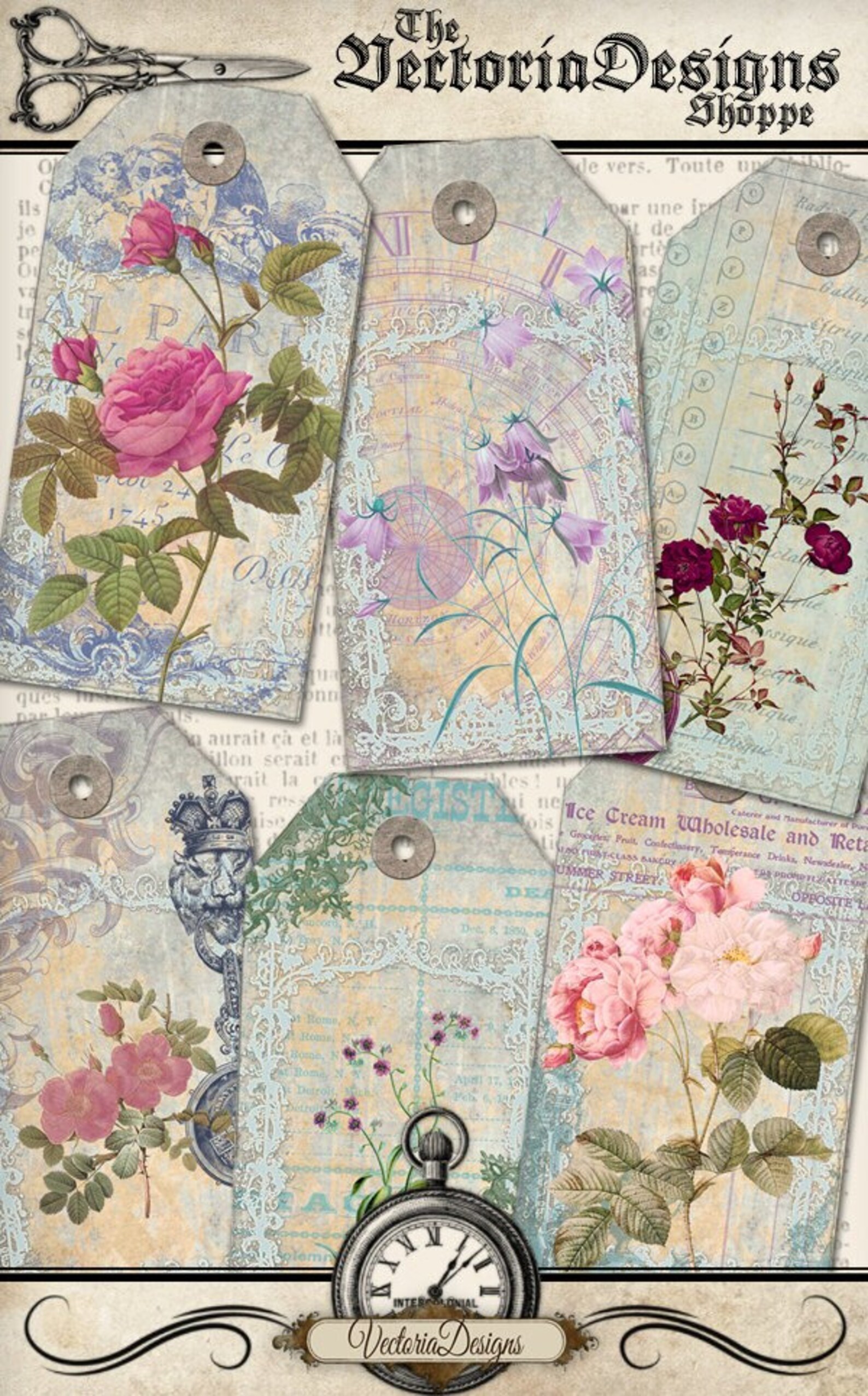 Flowers Ephemera Tags Printable Gift Tags Digital Instant Download ...