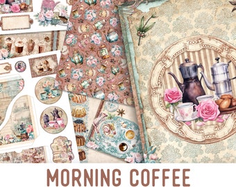 Morning Coffee Junk Journal Kit, Printable Junk Journal Kit Coffee Embellishments Coffee Junk Journal Papers Craft kit Coffee kit - 003004