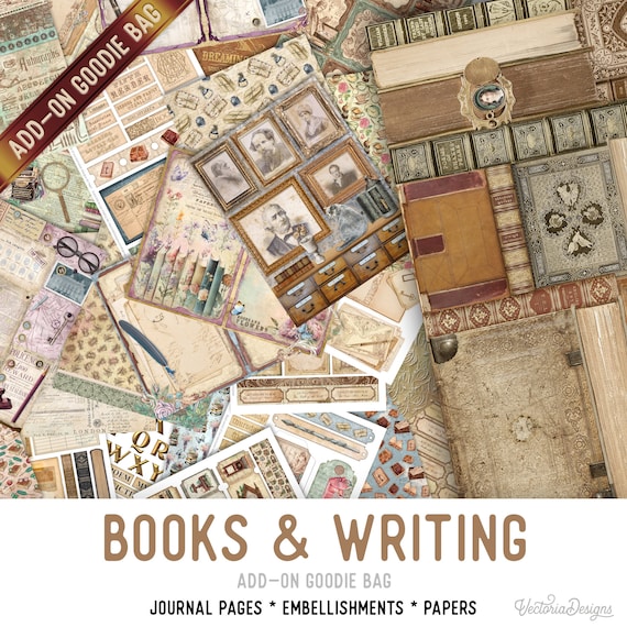Books & Writing Goodie Bag, Junk Journal Pages, Papers, Junk Journal Printables, Junk Journal Supplies, Printable Junk Journal Kit - 003210