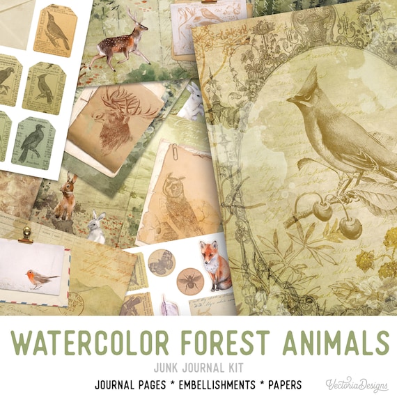 Watercolor Forest Animals Large Junk Journal Kit, Woodland - Printable Pages for Crafting - 002072