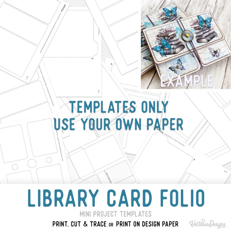May include: A set of printable templates for a library card folio. The templates are for a mini project and can be printed, cut, and traced or printed on design paper. The image shows an example of a completed folio with a blue and white butterfly design.