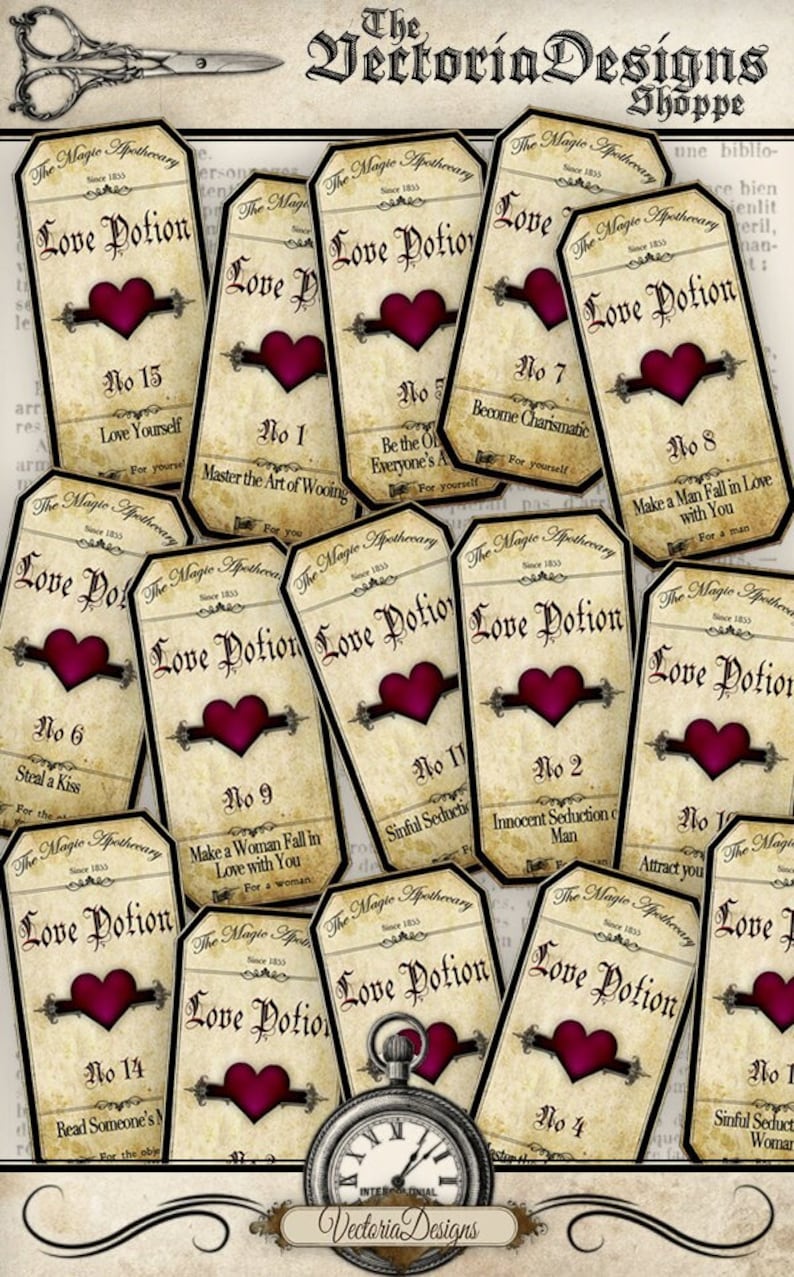 Love Potion Labels, Valentine Decoration, Vintage Potions, Magic Potion Labels, Heart Potion Labels, Valentines Day Gift, Love Labels 000209 image 1