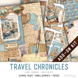 Travel Chronicles Junk Journal Kit ADD-ON, Printable Junk Journal Pages Journal Kit Craft kits Vintage Junk Journal 003760