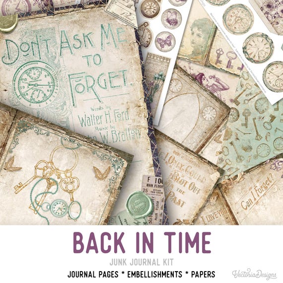 Back in Time Junk Journal Kit, Memories Journal Kit, Printable Junk Journal Kit, Craft kits, Junk Journal Embellishments, Paper - 002365