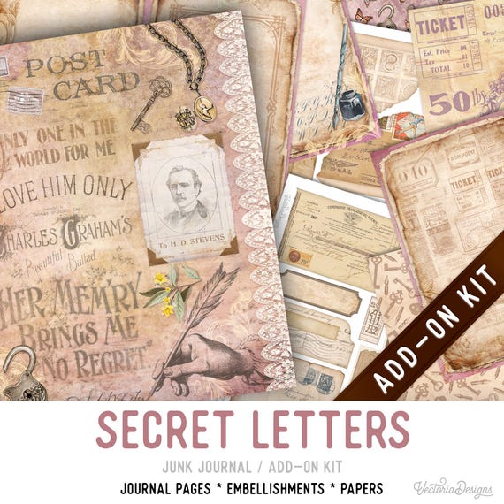 Secret Letters Junk Journal Add-On Kit, Printable Pages Embellishments Papers - 003622