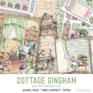 Cottage Gingham Junk Journal Kit, Cottage Crafting Printables Gingham Embellishments Cottagecore Printable Gingham Paper Junk Journal 003286