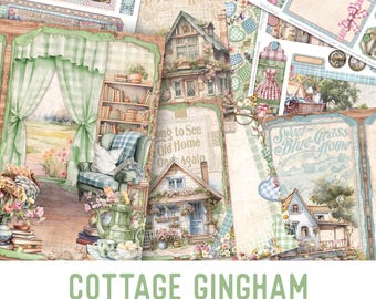 Cottage Gingham Junk Journal Kit, Cottage Crafting Printables Gingham Embellishments Cottagecore Printable Gingham Paper Junk Journal 003286