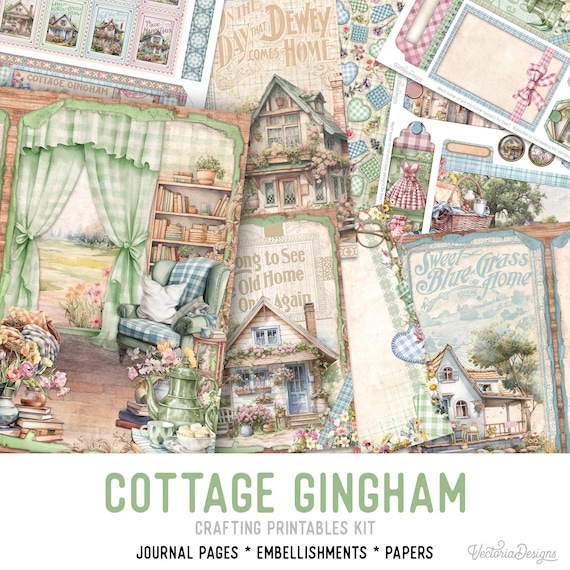 Cottage Gingham Junk Journal Kit (Standard) - Printable Pages, Papers and Embellishments for Crafting - 003286