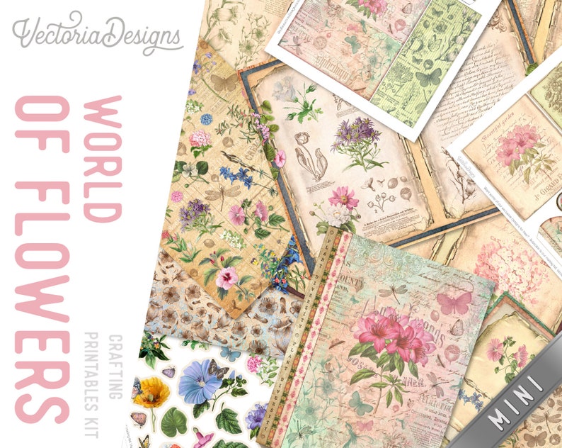 World of Flowers Junk Journal Kit MINI Crafting Printables Kit Flowers Embellishments Flowers Paper Craft Kits Junk Journal Flowers 003063 image 7