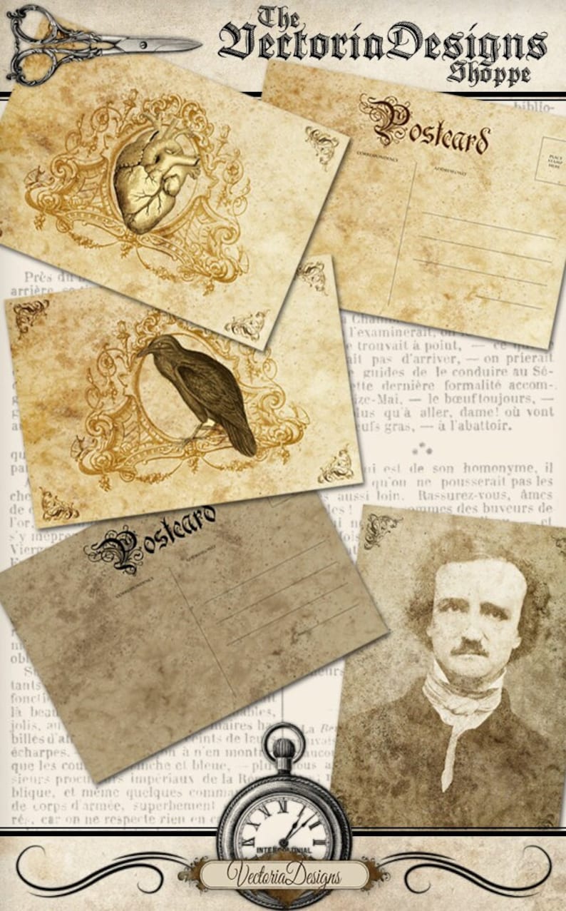 Edgar Allan Poe Postcards back 5 x 3.5 inch crafting art scrapbooking printable images instant download digital collage sheet 001089 image 1