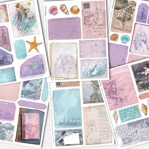 May include: A set of digital scrapbook paper featuring a nautical theme with mermaids, seashells, lighthouses, and vintage maps. The papers are in shades of blue, pink, and purple.