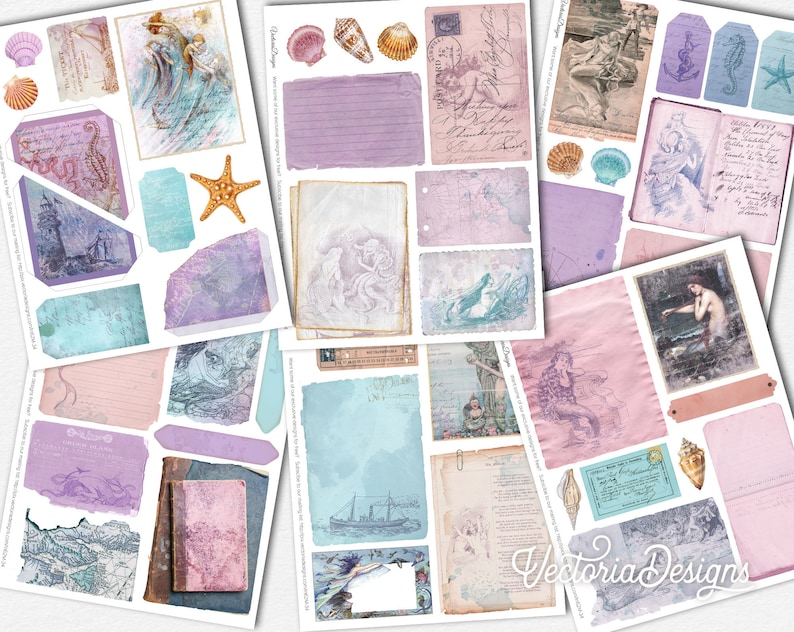 May include: A set of digital scrapbook paper featuring a nautical theme with mermaids, seashells, lighthouses, and vintage maps. The papers are in shades of blue, pink, and purple.