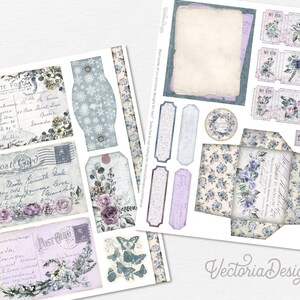 May include: A digital paper pack with a vintage aesthetic featuring floral designs, envelopes, and postcards. The paper pack includes a variety of blue, purple, and white colors with a frost theme.