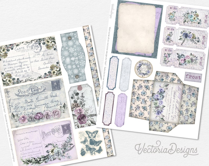 May include: A digital paper pack with a vintage aesthetic featuring floral designs, envelopes, and postcards. The paper pack includes a variety of blue, purple, and white colors with a frost theme.