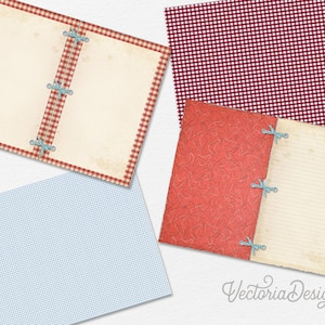 May include: Four different digital paper designs for scrapbooking or digital crafts. The designs include a red and white gingham pattern, a blue and white gingham pattern, a red and white heart pattern, and a vintage journal with a red and white gingham border.
