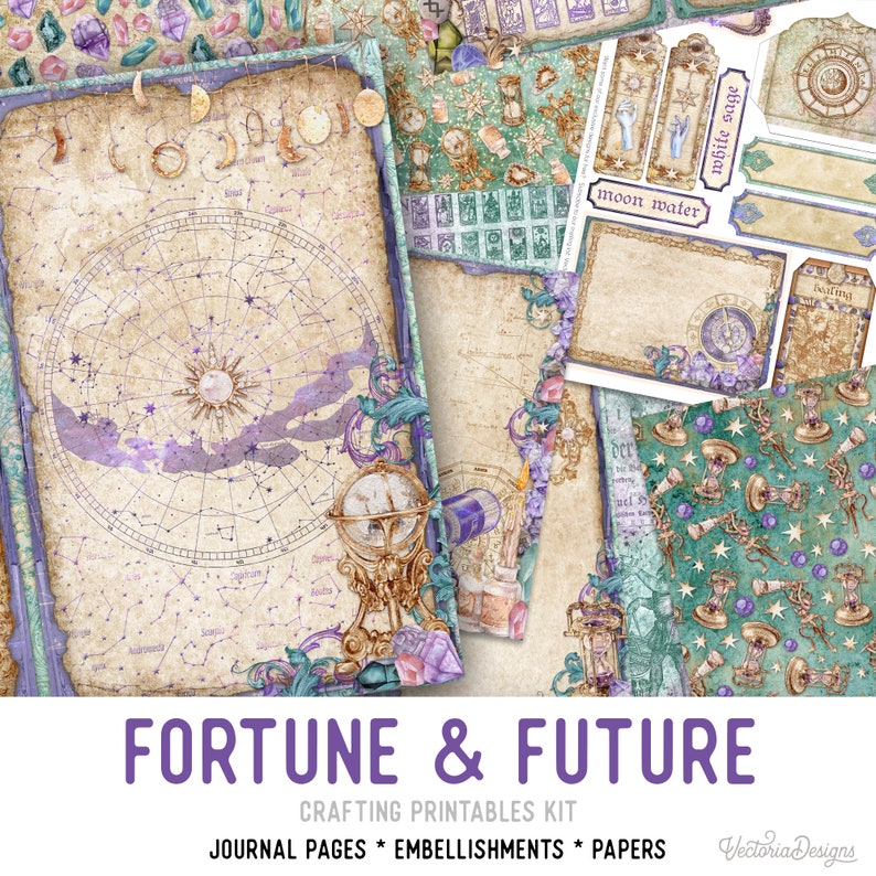 Fortune & Future Crafting Printables Kit, Printable Fortune Teller Junk Journal, Embellishments, Printable Craft Kit, Scrapbook Paper 002826 image 1