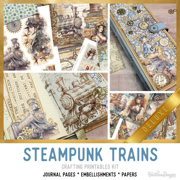 Steampunk Züge Junk Journal Kit DELUXE, Züge Crafting Printables Kit Steampunk Verzierungen Printable Paper Craft Kit Tutorial 003240