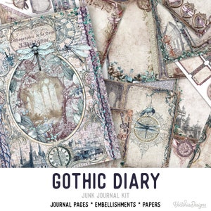 Gothic Diary Junk Journal Kit, Printable Junk Journal Kit, Gothic Junk Journal, Gothic Embellishments, Gothic Papers, Craft kits, DIY 002722