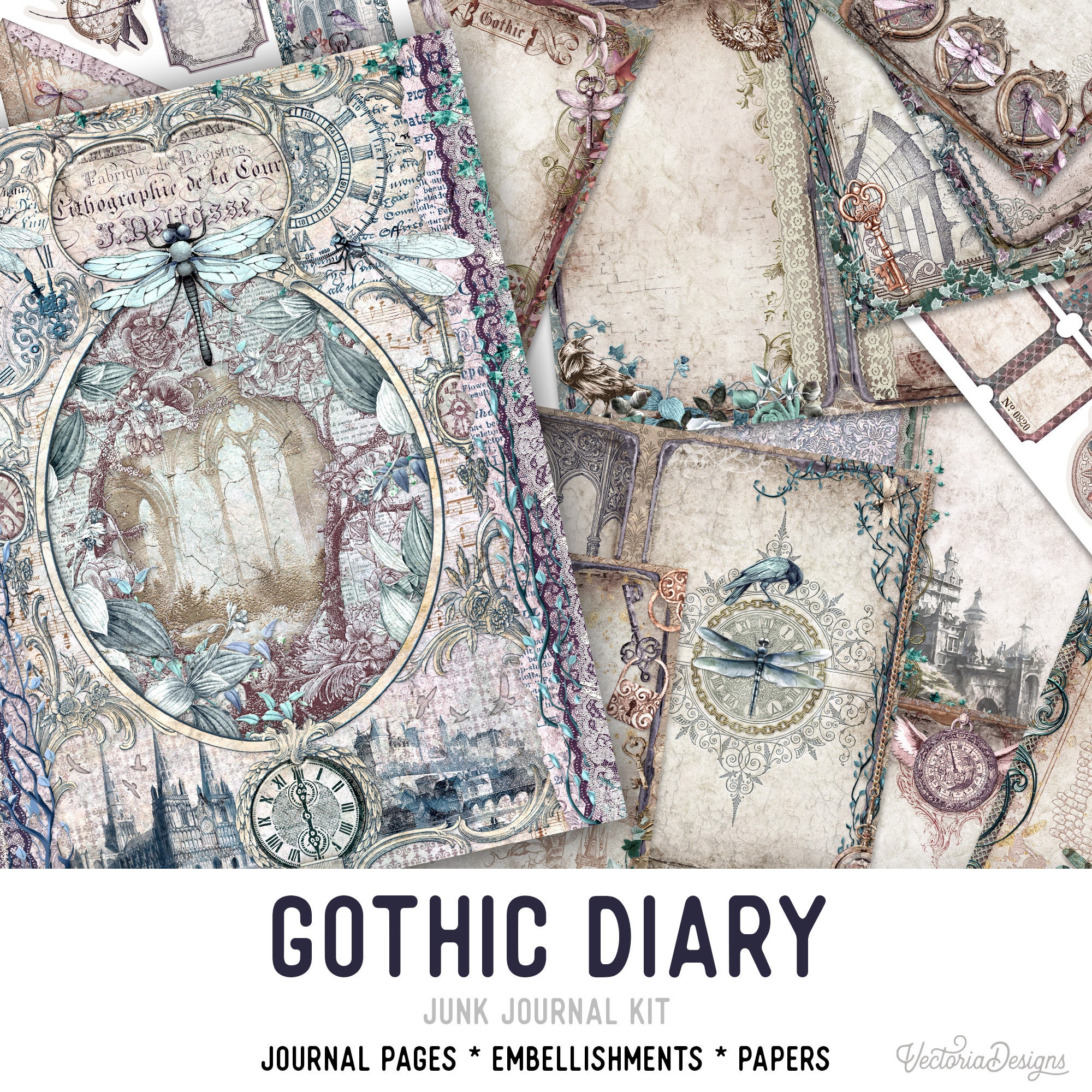 Vintage Gothic, Neutral Background, Scrapbook, Junk Journal Paper