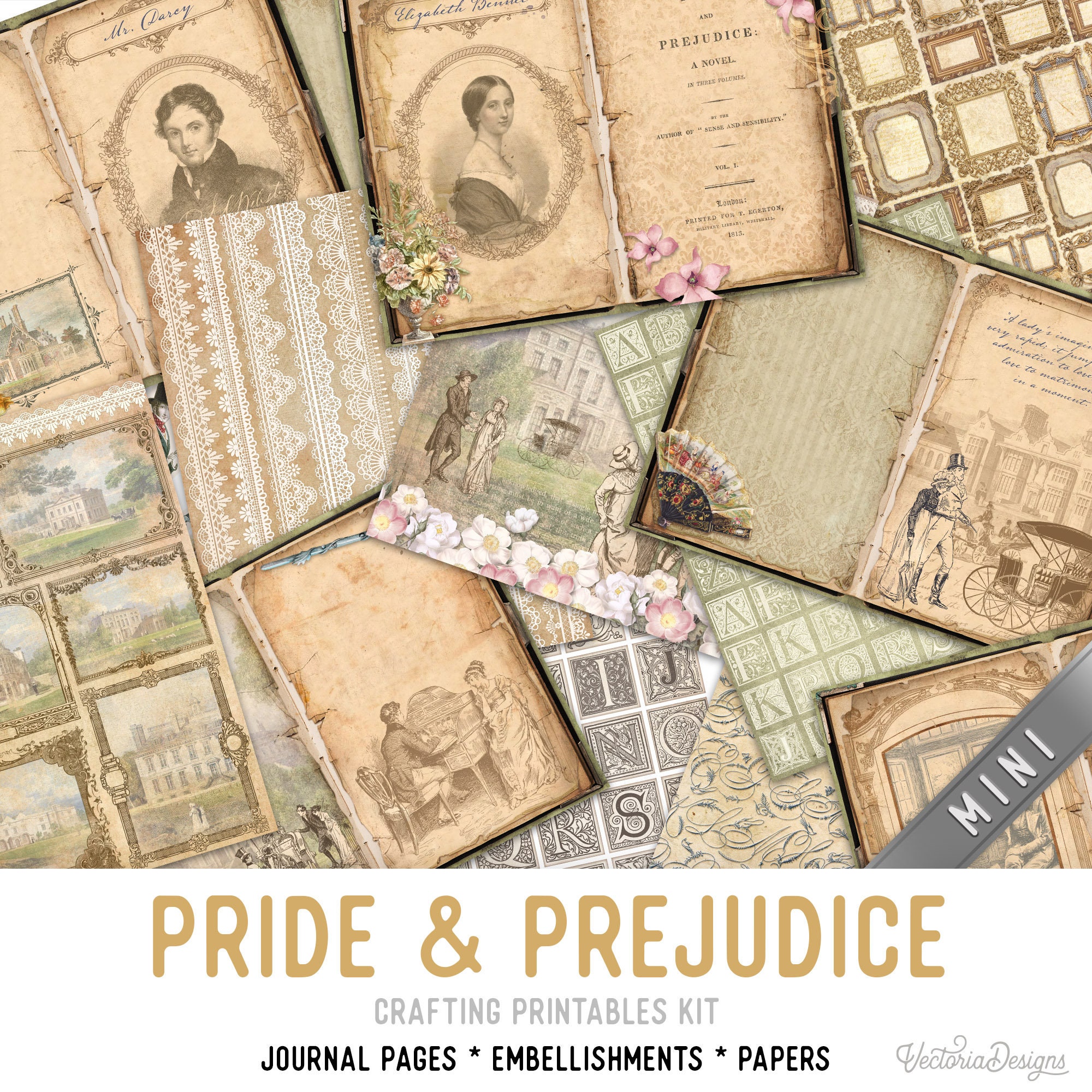 Junk Journal, Kit, Jane Austen, Pride and Prejudice, Little Women,  Victorian, Woman, Shabby, My Porch Prints, Digital Download, Printable 