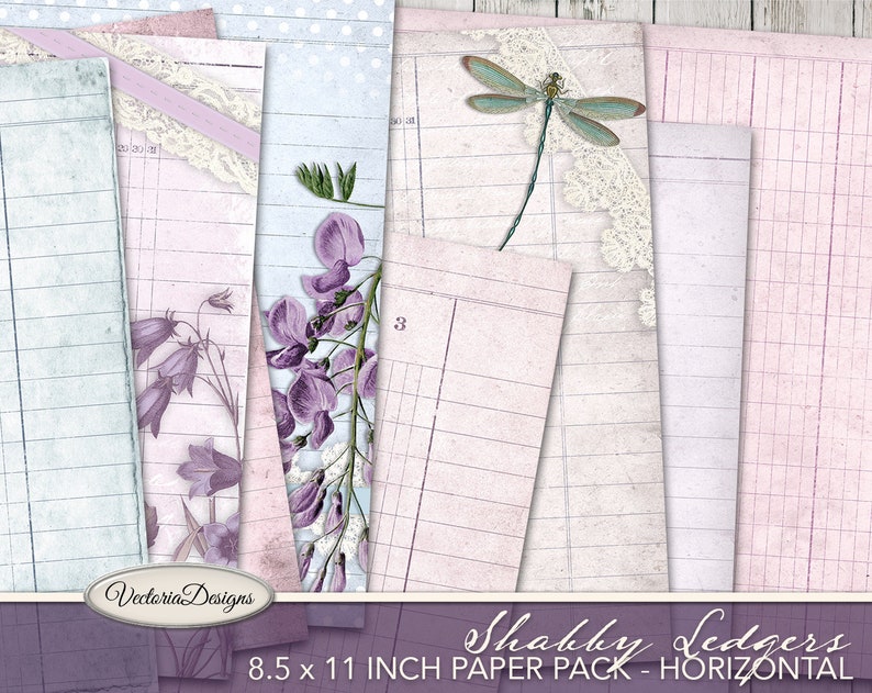 Puede incluir: Un paquete de papel digital con p&aacute;ginas horizontales de 8,5 x 11 pulgadas con un dise&ntilde;o shabby chic. Las p&aacute;ginas tienen un aspecto vintage con colores desva&iacute;dos y delicados patrones florales. El paquete incluye p&aacute;ginas con patrones de l&iacute;neas, cuadr&iacute;cula y lunares.