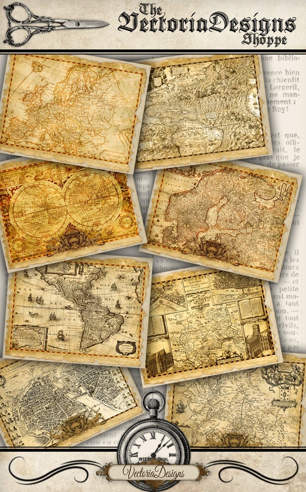 Vintage Map Digital Paper, scrapbook backgrounds