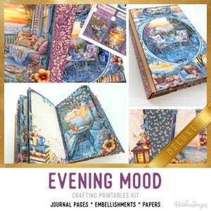 May include: A crafting kit titled Evening Mood featuring printed journal pages, decorative papers, and embellishments. The designs display sunset scenes on balconies, floral patterns, and dragonfly motifs in shades of blue, purple, and orange.