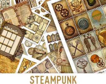 Mega Steampunk Crafting Bundle, Steampunk Junk Journal, Apothecary Labels, Steampunk Digital Paper, Junk Journal Kit, Digital Banners 001662