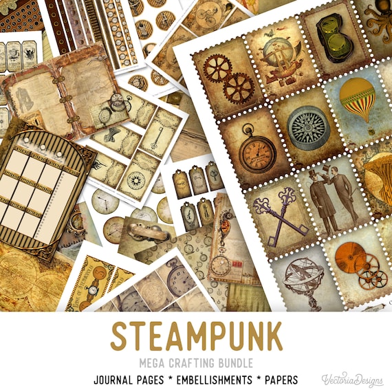 Mega Steampunk Crafting Bundle, Steampunk Junk Journal, Apothecary Labels, Steampunk Digital Paper, Junk Journal Kit, Digital Banners 001662