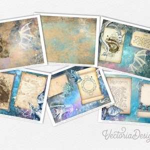 May include: A set of six digital papers featuring a blue and white galaxy background with dragon wings, a dragon head, and a vintage scroll. The papers are perfect for scrapbooking, card making, and other paper crafts.