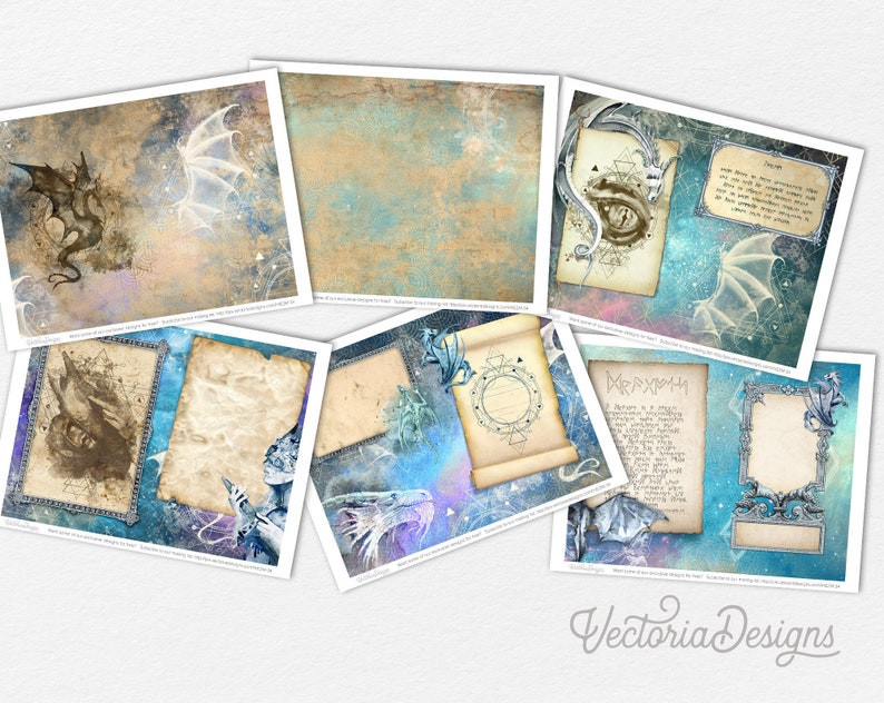 May include: A set of six digital papers featuring a blue and white galaxy background with dragon wings, a dragon head, and a vintage scroll. The papers are perfect for scrapbooking, card making, and other paper crafts.