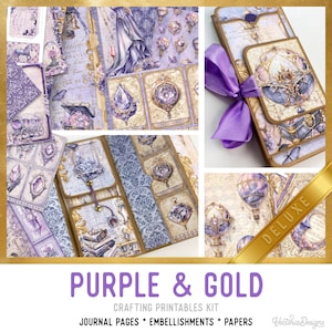 Purple and Gold Junk Journal Kit DELUXE, Purple Gold Crafting Printables Kit Purple Embellishments Printable Paper Craft Kit Tutorial 003318