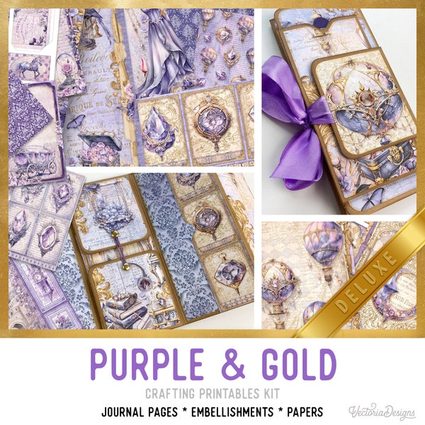 Purple and Gold Junk Journal Kit DELUXE, Purple Gold Crafting Printables Kit Purple Embellishments Printable Paper Craft Kit Tutorial 003318