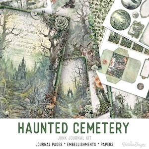 May include: A digital junk journal kit with a spooky theme. The kit includes papers, embellishments, and journal pages featuring a haunted cemetery, an owl, and a gothic church. The text on the image reads "Haunted Cemetery Junk Journal Kit Journal Pages * Embellishments * Papers Vectoria Designs".