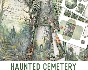 Haunted Cemetery Junk Journal Kit, Halloween Printable Junk Journal Kit Halloween Embellishments Junk Journal Papers Craft kit - 003352