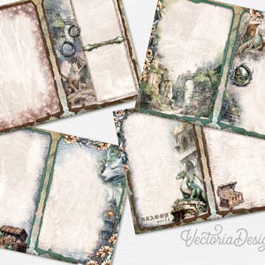 Puede incluir: Una colecci&oacute;n de cuatro hojas de papel rectangulares con ilustraciones de fantas&iacute;a de dragones, arcos de piedra, cofres del tesoro y bordes florales. Los dise&ntilde;os incluyen tonos tierra, texturas de pergamino y el texto Dragon World.