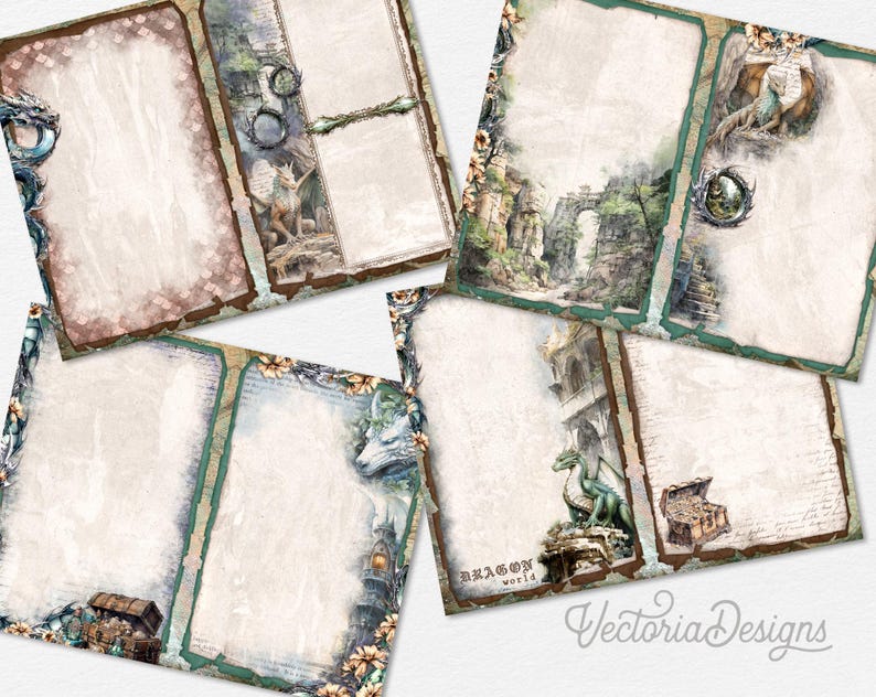 Puede incluir: Una colecci&oacute;n de cuatro hojas de papel rectangulares con ilustraciones de fantas&iacute;a de dragones, arcos de piedra, cofres del tesoro y bordes florales. Los dise&ntilde;os incluyen tonos tierra, texturas de pergamino y el texto Dragon World.