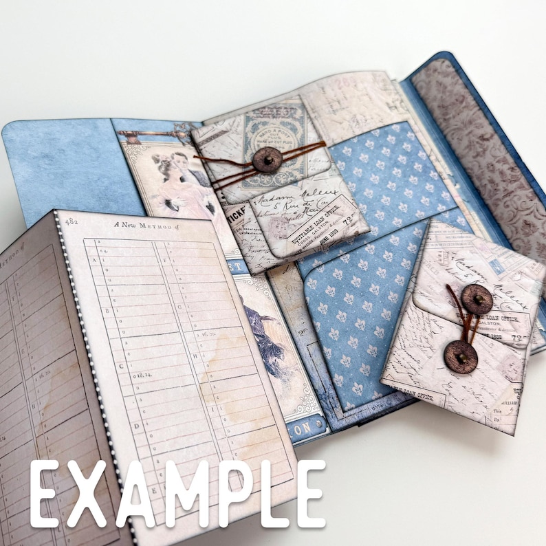 May include: A blue and white patterned scrapbook with a variety of pockets and envelopes. The scrapbook has a brown leather strap with a button closure. The scrapbook is open to reveal a page with a list of "A New Method of..." and a bird illustration. The scrapbook is labeled "EXAMPLE".