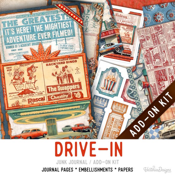 Drive-In Junk Journal Kit, Printable Pages, Embellishments, Papers (Add-On) - 004020