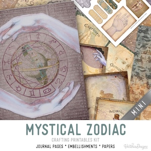 Mystical Zodiac MINI Crafting Printables Kit Astrology Junk Journal Printable Zodiac Journal embellishments Printable Craft Kits - 003046